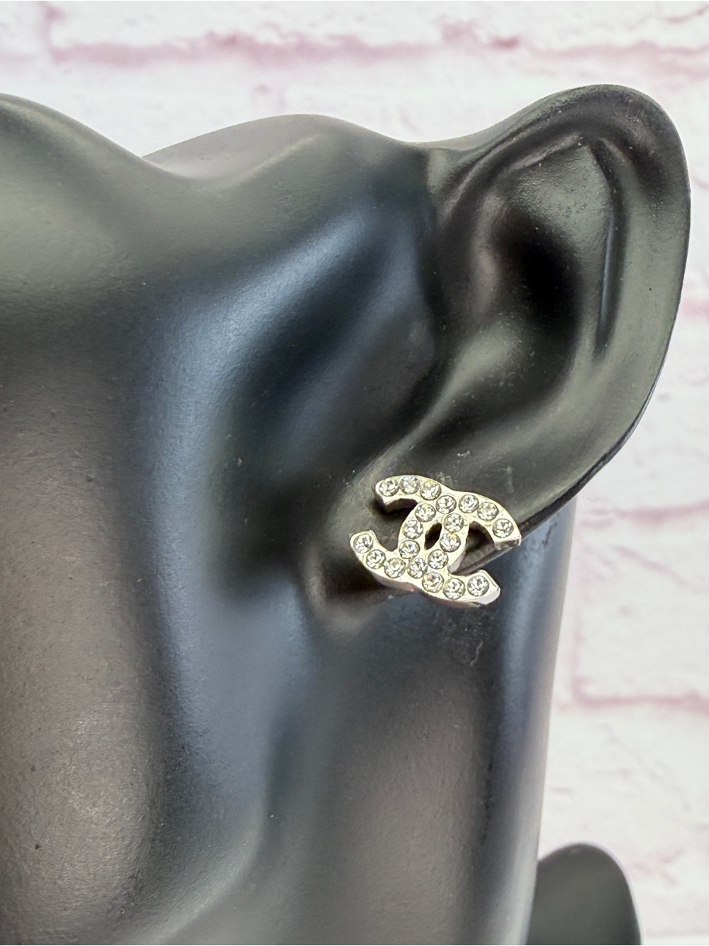 Chanel Silver Rhinestone Stud Earrings Silvery Metal